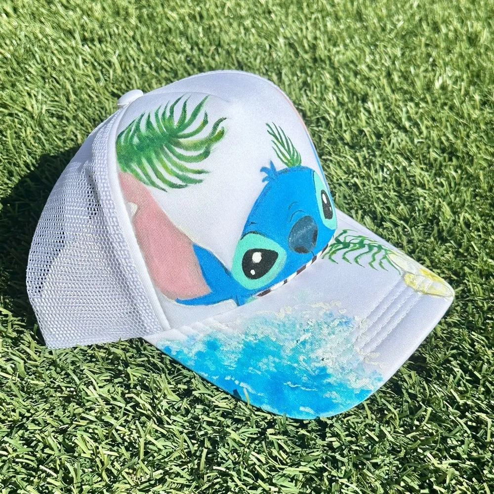 Stitch Cat Blue and White with Tropical Design Hat Handmade Adjustable